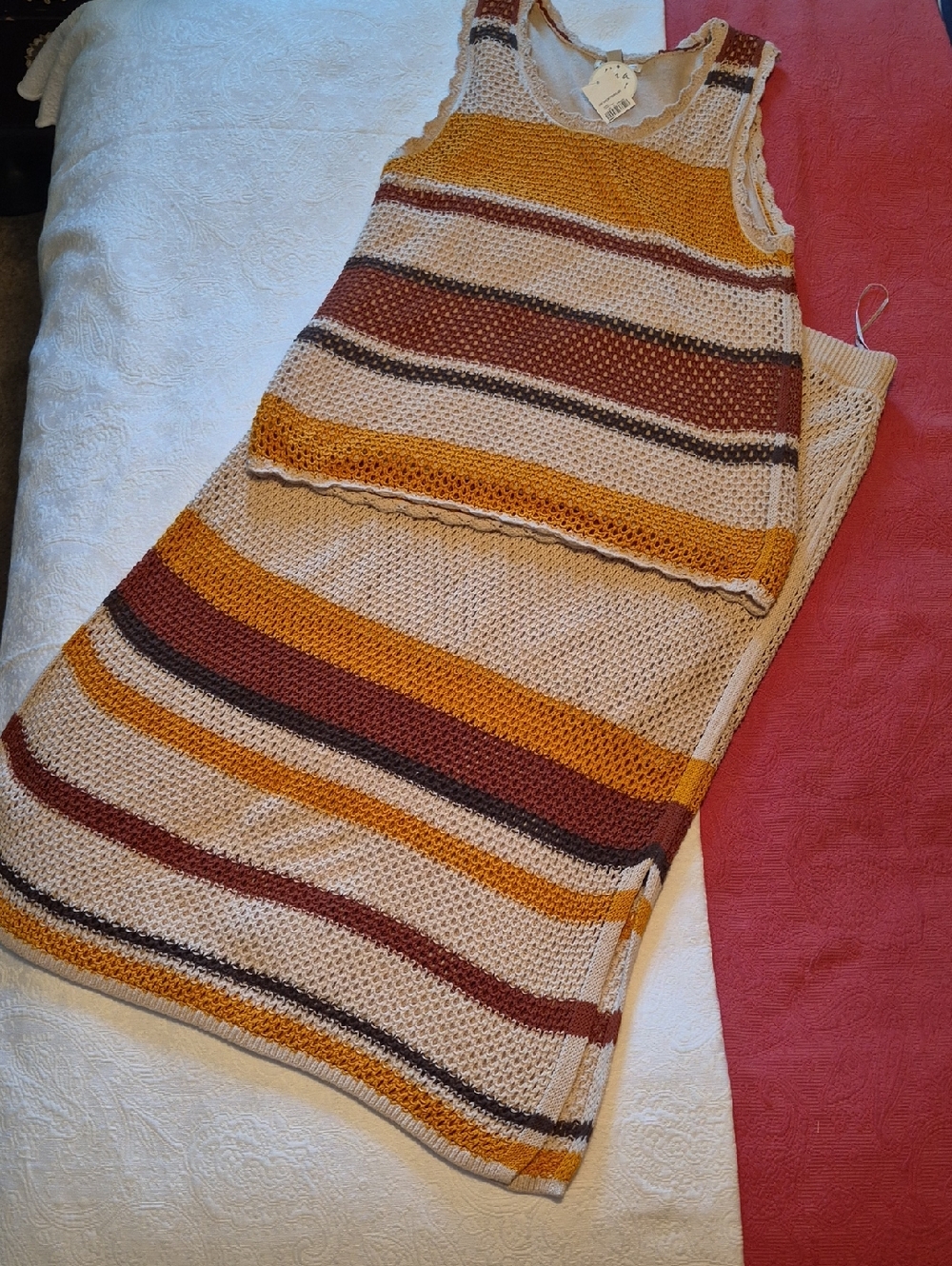 Cato Beige Knit Tank with Rust Trim